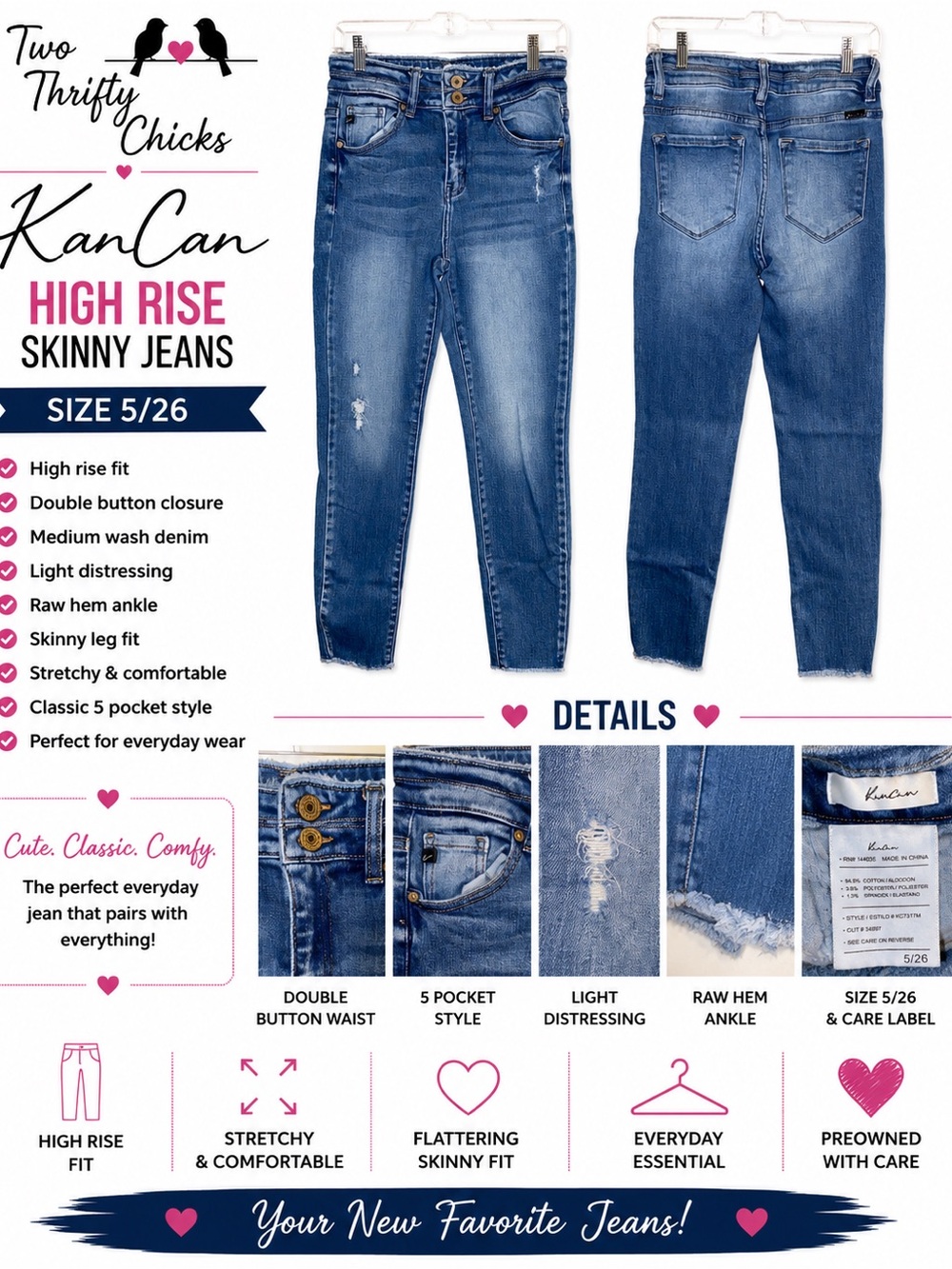 KanCan High Rise Skinny Jeans - Medium Blue Wash - Raw Hem - Size 5/26 - EUC